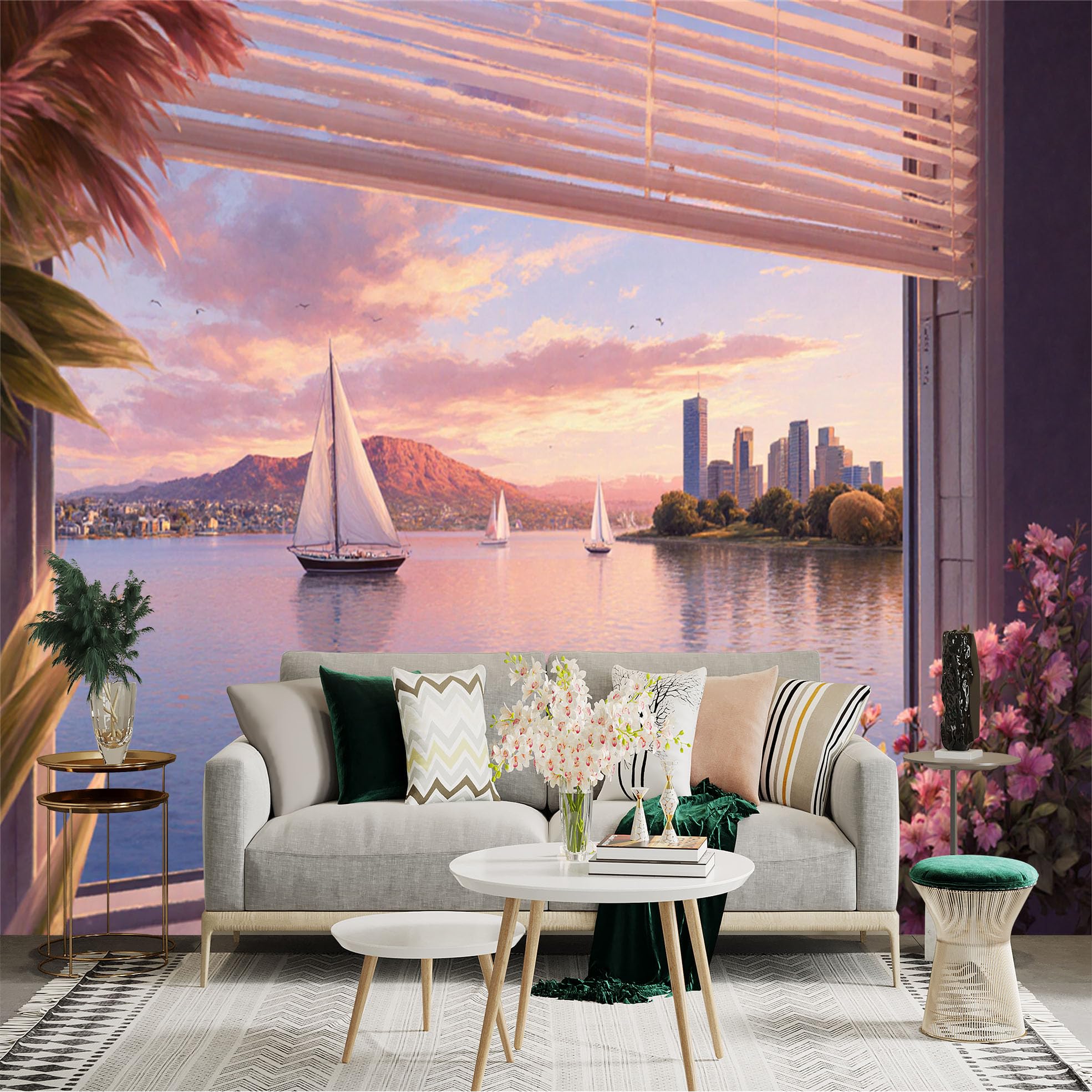 Custom Size Wall Sticker Mural， Sailboats on Sea with Coastal City Skyline， Sunset Landscape View， for wall Decoration， peelandstick wall Decals.