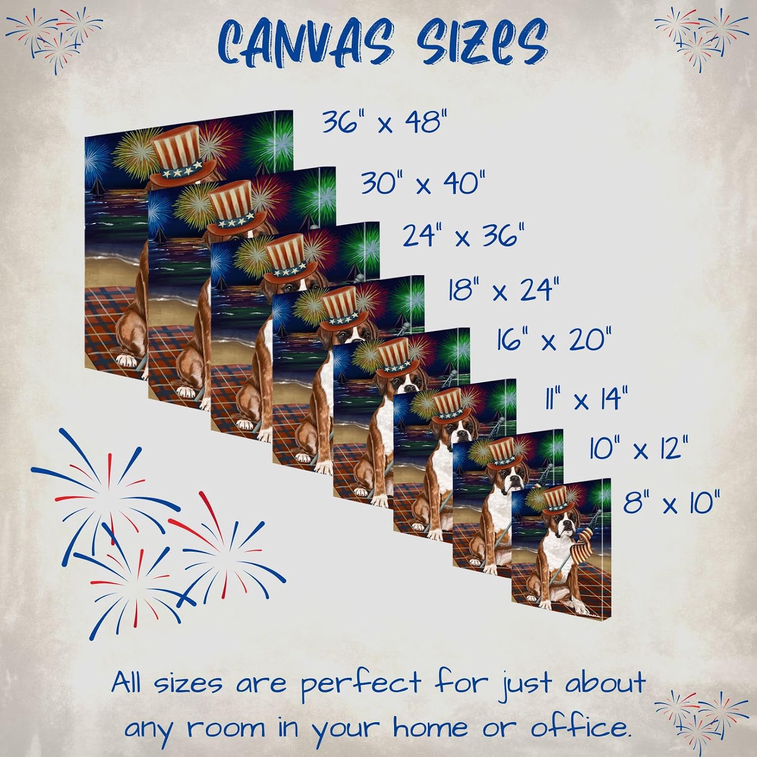 Doggie of the Day 4th July Fireworks with Boxer Dogs Canvas Wall Art - Premium Quality Ready to Hang Room Decor - Flat Rolled 8" x 10"