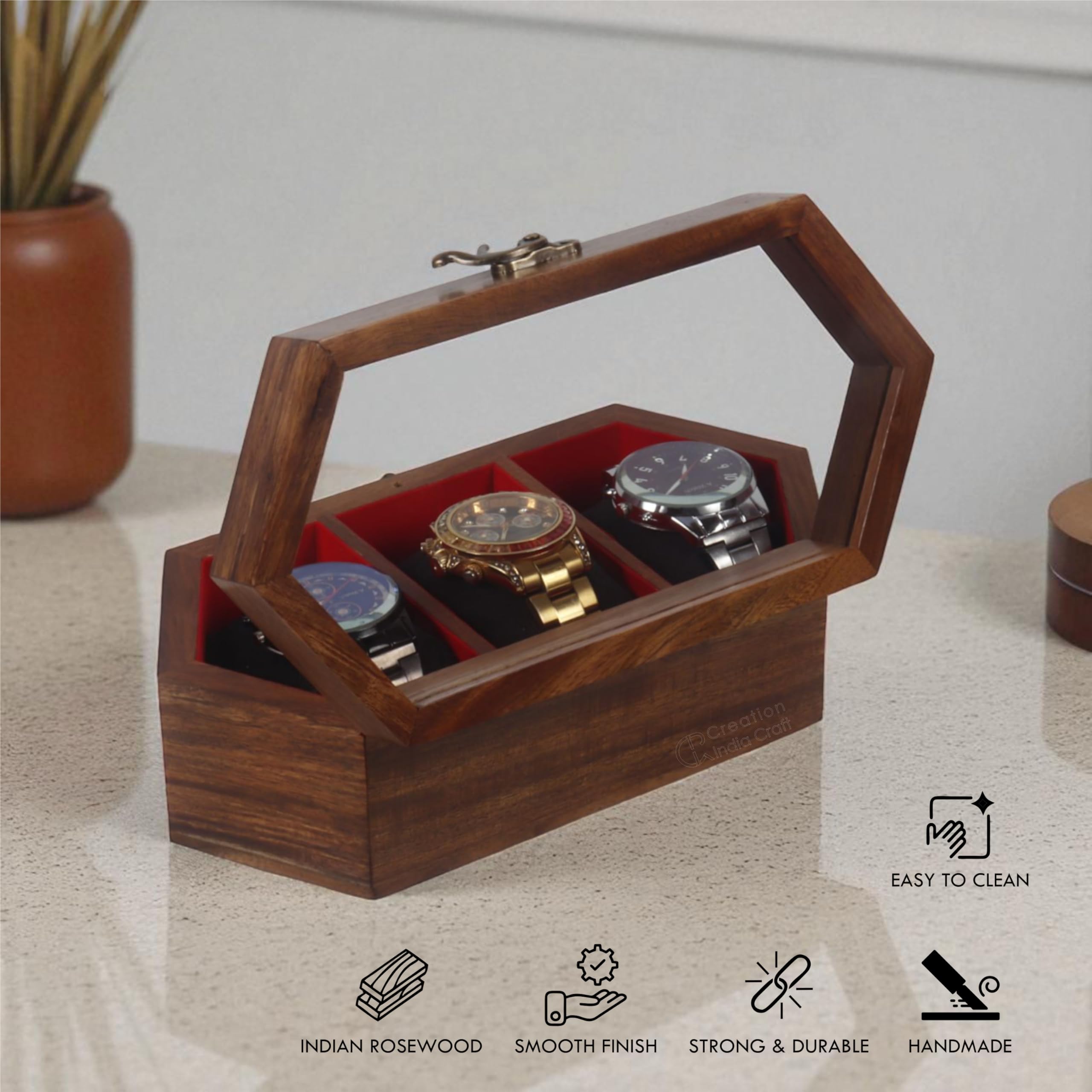 Caja expositora de madera para reloj, construcción de palisandro y arce, tapa de cristal con cerradura vintage, estuche de almacenamiento de joyas, hecho a mano de arce y