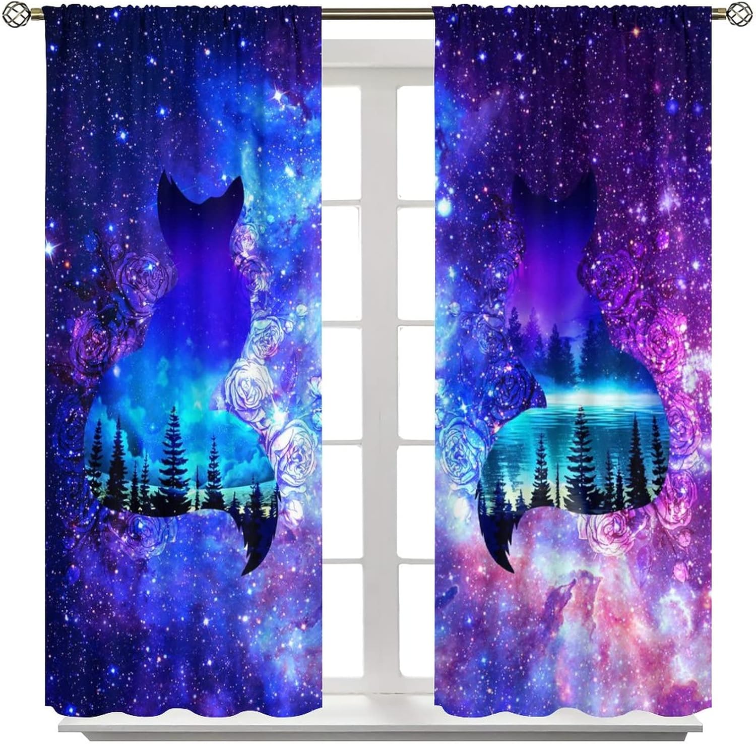 Cute Cartoon Fox Forest Silhouette Rod Pocket Blackout Curtains for Living Room,Thermal Insulated Fantasy Galaxy Cool Animals Fox Window Treatment,2 Panels 84L x 42W