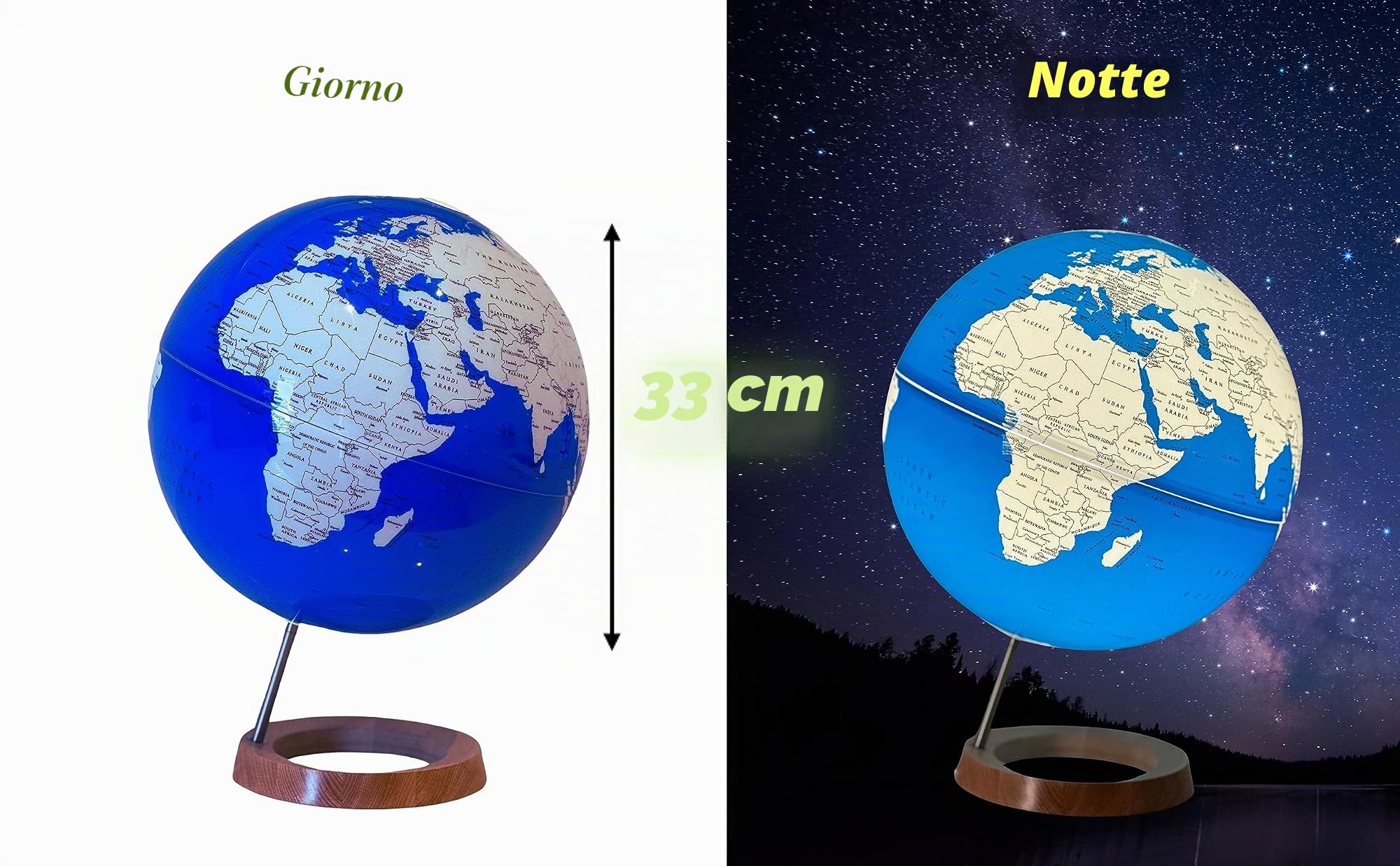 Exerz Mappamondo illuminato diametro 33cm con base in legno - Mappamondo luminoso - Mappa inglese