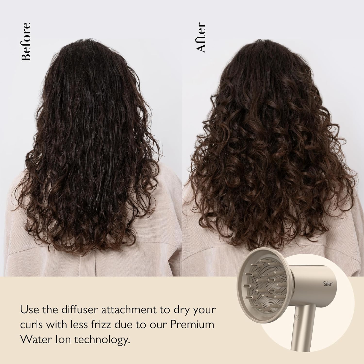 Before and after image of curly hair dried with Silk'n SilkyAir Hair Dryer diffuser