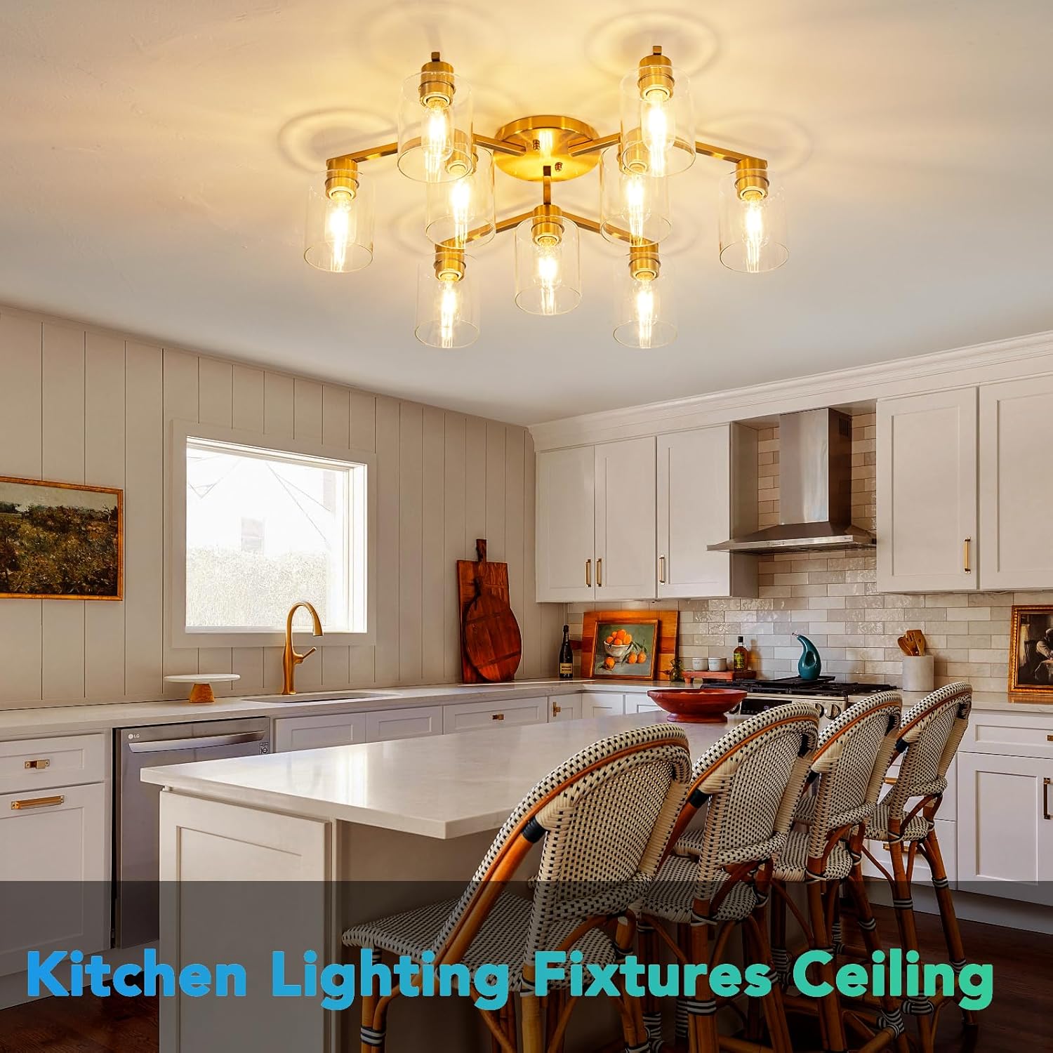 Gold 9 Light Ceiling Light for Dining Room Large Kitchen Lighting Fixtures Ceiling Brushed Gold Dining Room Lighting Fixtures Brass Living Room Light Fixture with Clear Glass Shades
