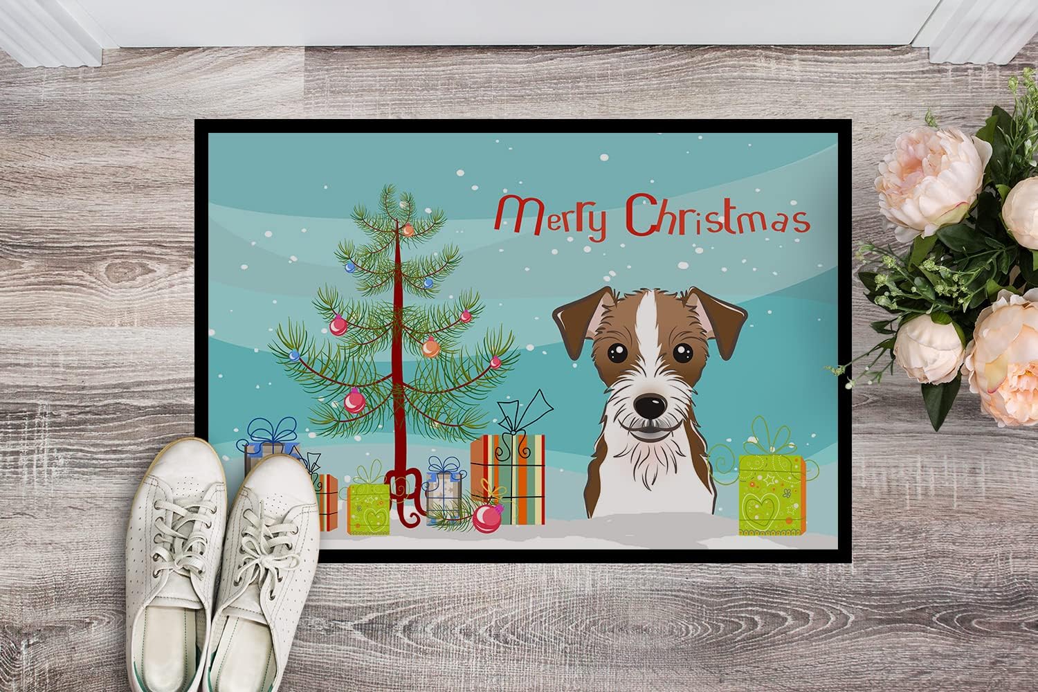 Caroline's Treasures BB1574JMAT Christmas Tree and Jack Russell Terrier Doormat 24x36 Front Door Mat Indoor Outdoor Rugs for Entryway, Non Slip Washable Low Pile, 24H X 36W