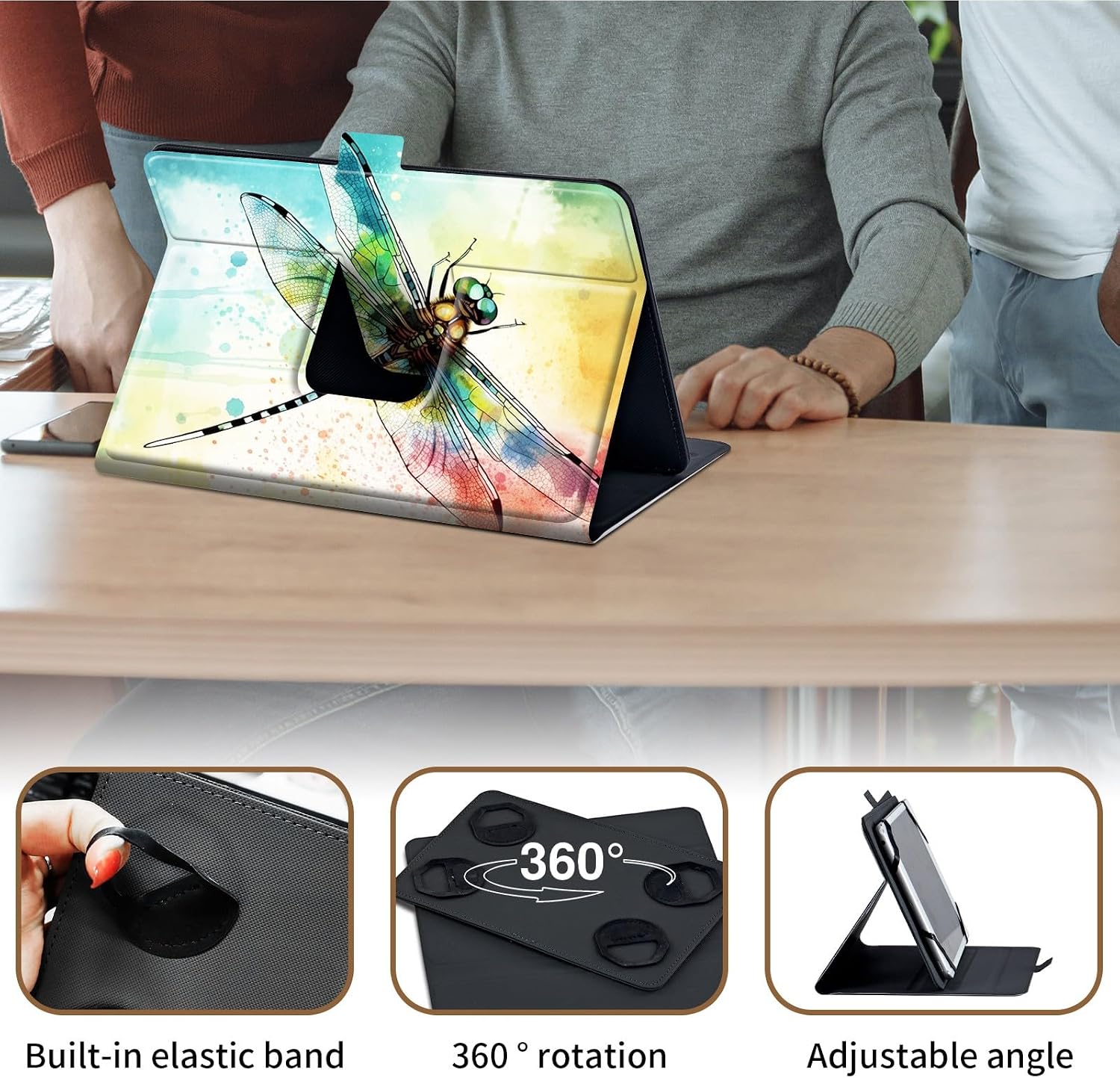 Image highlighting the built-in elastic band, 360-degree rotation, and adjustable angle features of the tablet case.