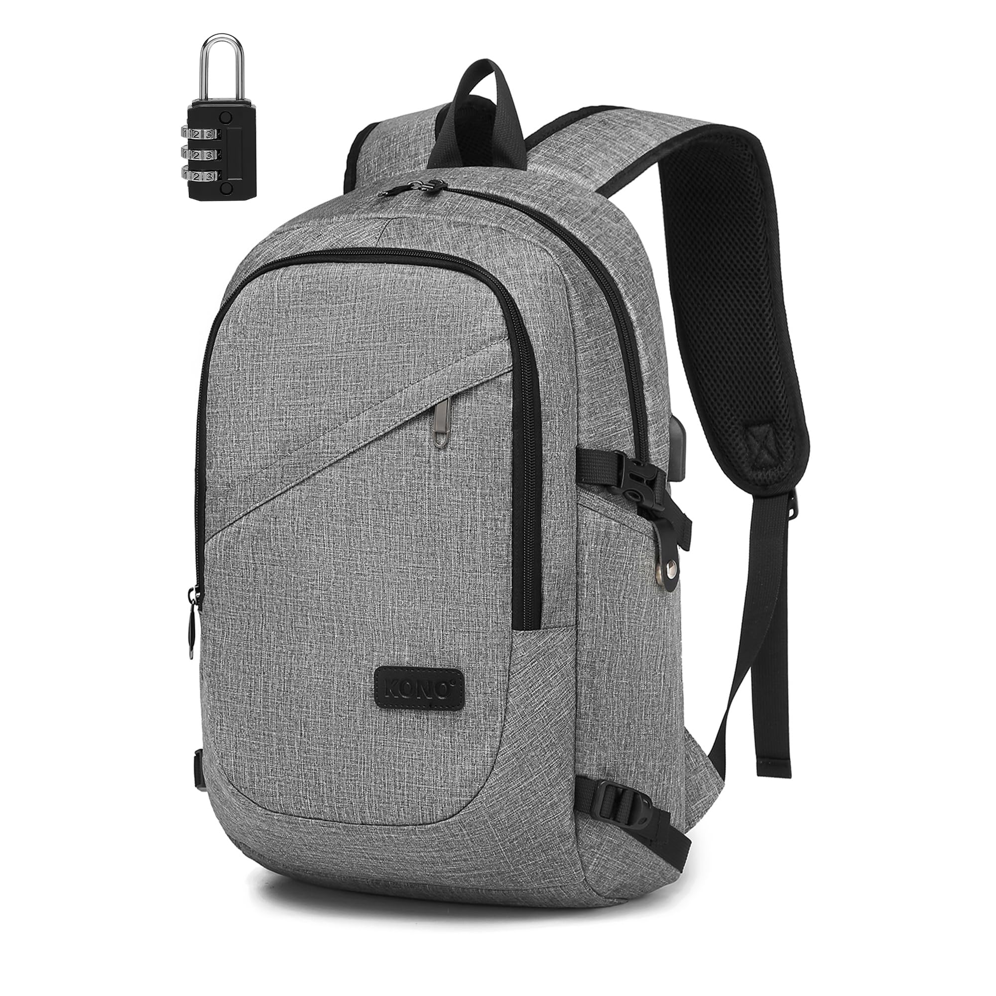 Kono Anti-theft Laptop Backpack with Lock 15.6" Men, Grey | USB Charging Port, Large Capacity, Indoor Organization, Water Repellent, High School, University, Daily Use and Travel