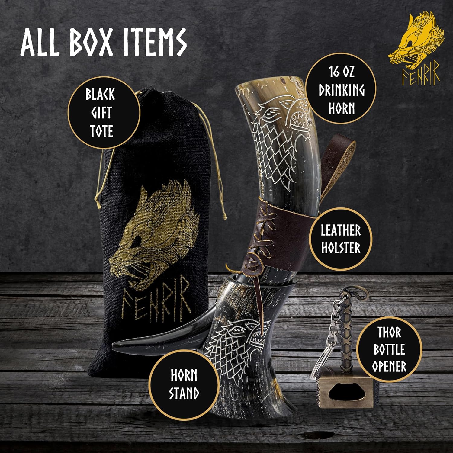 FENRIR Viking Drinking Horn With Stand 16 oz – Gifts for Men, Dad, Husband – Natural Ox Horn Cup with Thor Bottle Opener & Leather Holster – For Beer, Ale, Mead (WOLF NATURAL SHINE POLISHED)