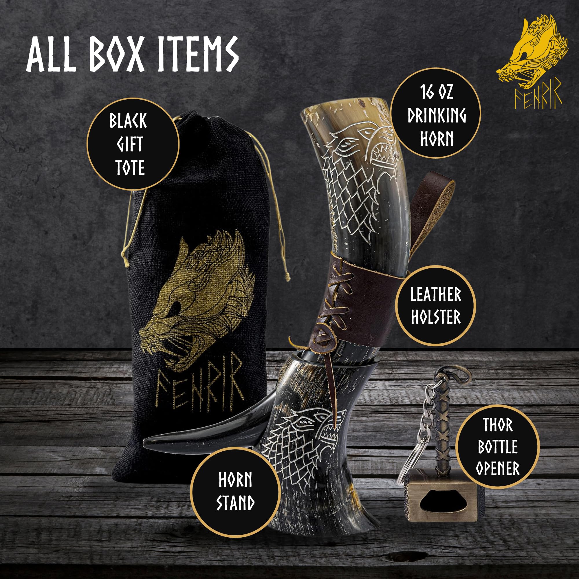 FENRIR Corno vichingo con supporto, 473,6 g, regalo per uomini, papà, marito, tazza in corno di bue naturale con apribottiglie Thor e fondina in pelle, per birra, alle, idromele (lupo lucido naturale)