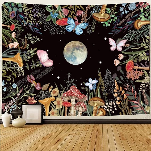 Simpkeely Moon Garden Tapestry Mushroom Moonlit Tapestry Wall Hanging Floral Tapestry Butterfly Plant Poster Country Tapestry for Bedroom Dorm Living Room - 130cm x 150cm