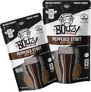 Boozy Beef Jerky | Craft Beer Infused | Peppered Stout Brisket Jerky | 2 pack | All Natural | High Protein | Premium Marinated Small Batch | Perfect Beer Gift Jerky Gift for Men or Women