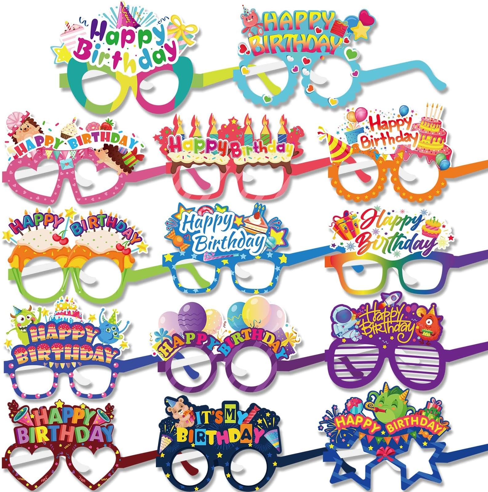 Paper Happy Birthday Glasses, Funny Photo Booth Props, Colorful Kids & Adult Birthday Party Accessories 24pcs