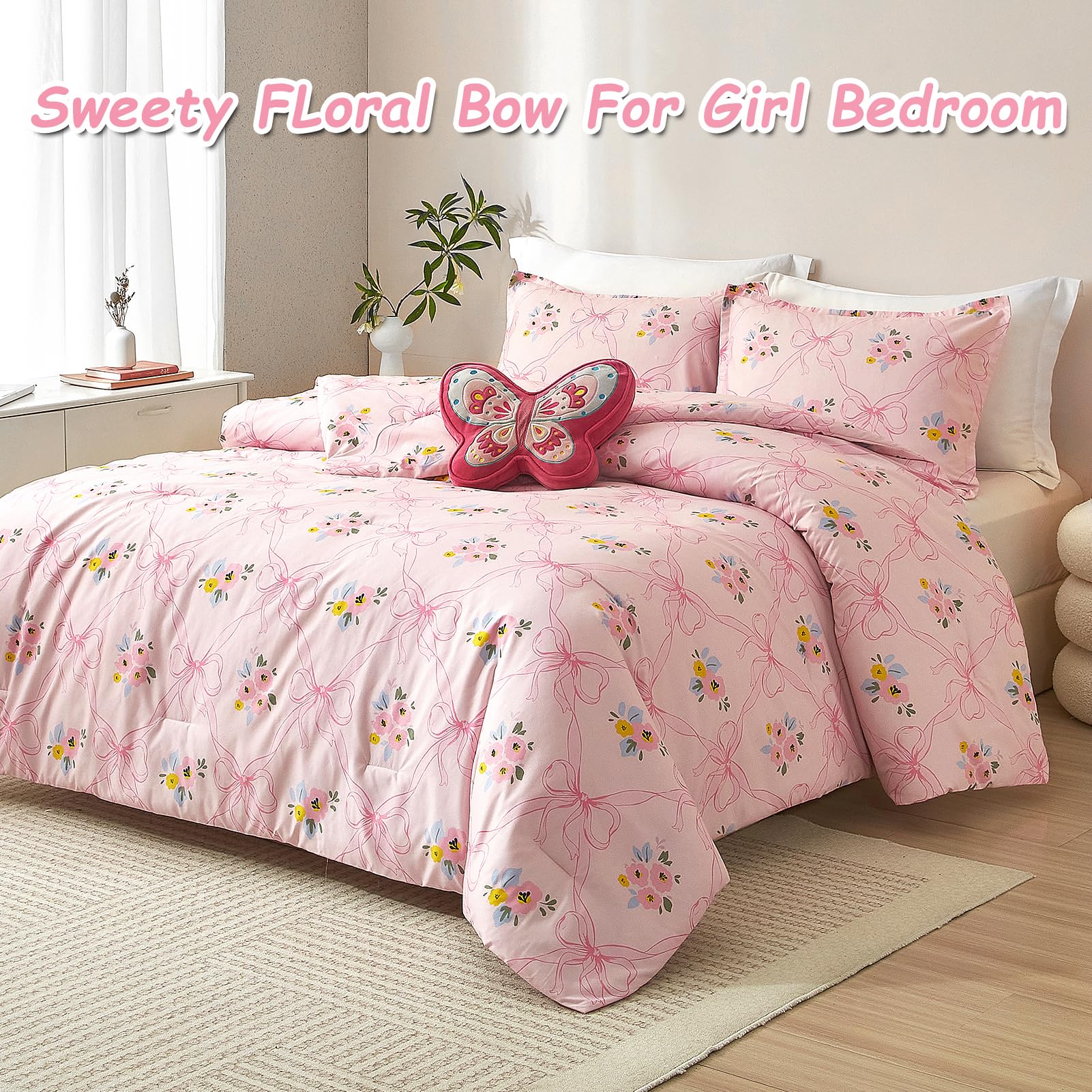 HollyHOME Pink Bow Comforter Set Twin Kids Comforter Set for Girls, 2 Pieces Bed in a Bag Cartoon Bow Tie Pattern, Floral Bedding Set, All Season Microfiber Room Decor for Teens