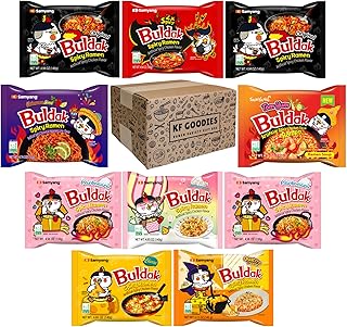 KF GOODIES Korean Ramen Variety Pack Gift Box (10 Count - 2X, Carbonara (2), Cream Carbonara, Cheese, Habanero Lime, Original (2), Tom Yum, Quattro Cheese) – Spicy Buldak Noodle Assortment for Birthdays, College Care Packages, Office Snacks, and Gift Baskets