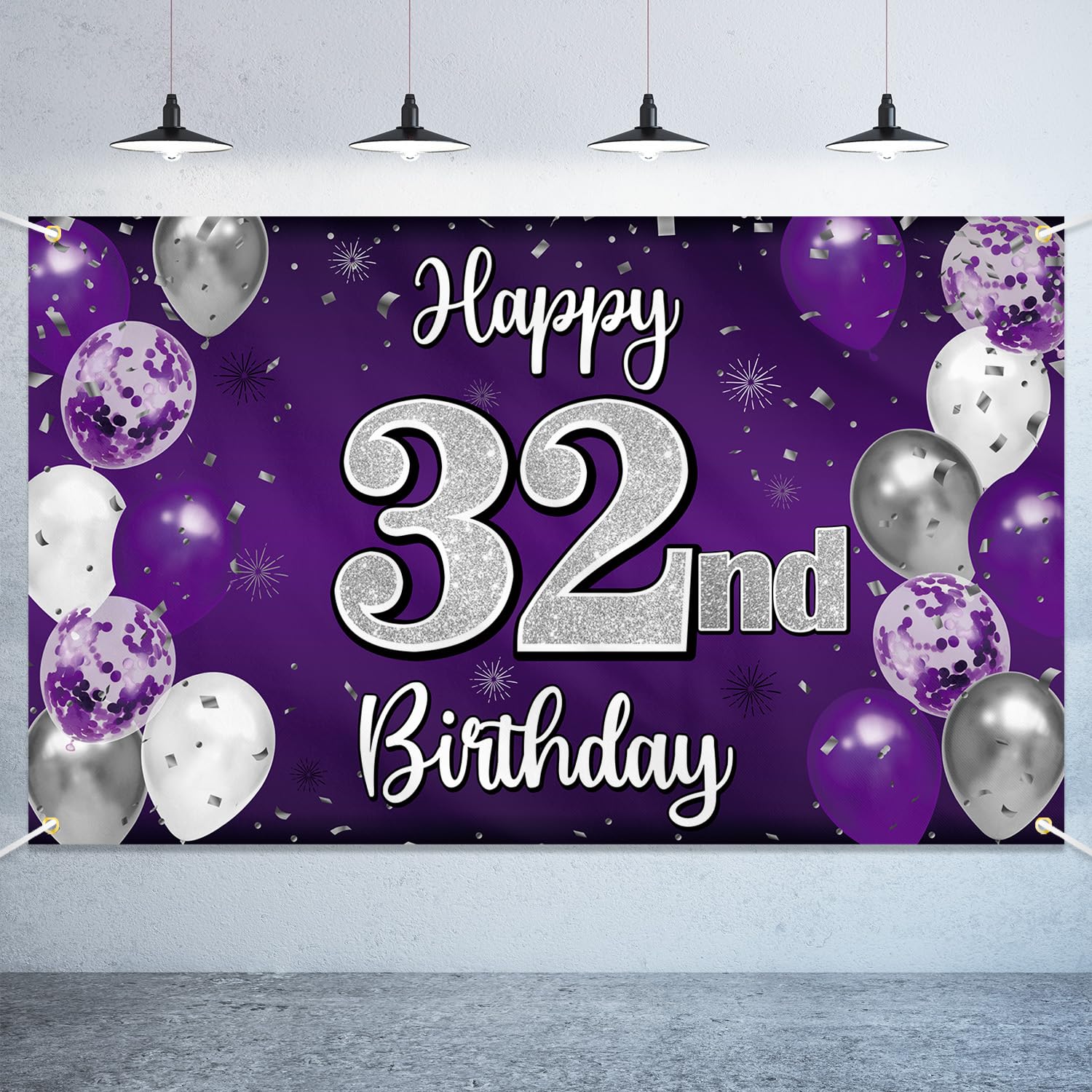 Nelbiirth Happy 32nd Birthday Decorations,32nd Purple & Silver Large Birthday Banner Backdrop Sign,Cheers to 32 Years Old Bday Party Supplies.