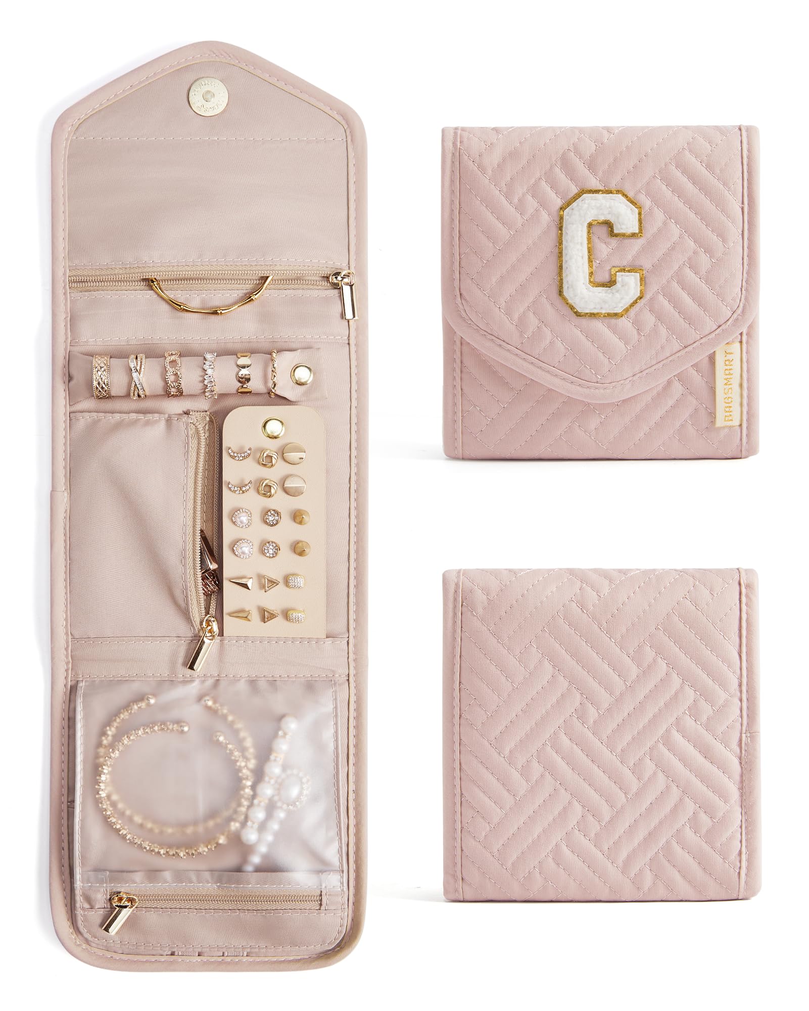 BAGSMART Travel Jewelry Organizer Case C Initial Jewelry Roll,Soft Pink