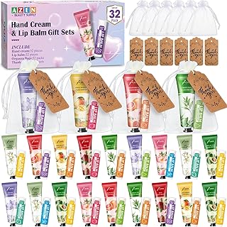 AZEN 32 Sets Bulk Gifts, Hand Cream and Lip Balm Bulk Set with Organza
