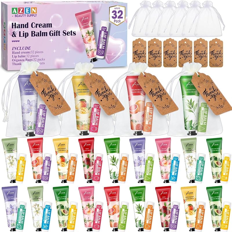 AZEN Conjunto com 32 cremes para mãos e bálsamos labiais com sacolas de organza e cartões de agradecimento