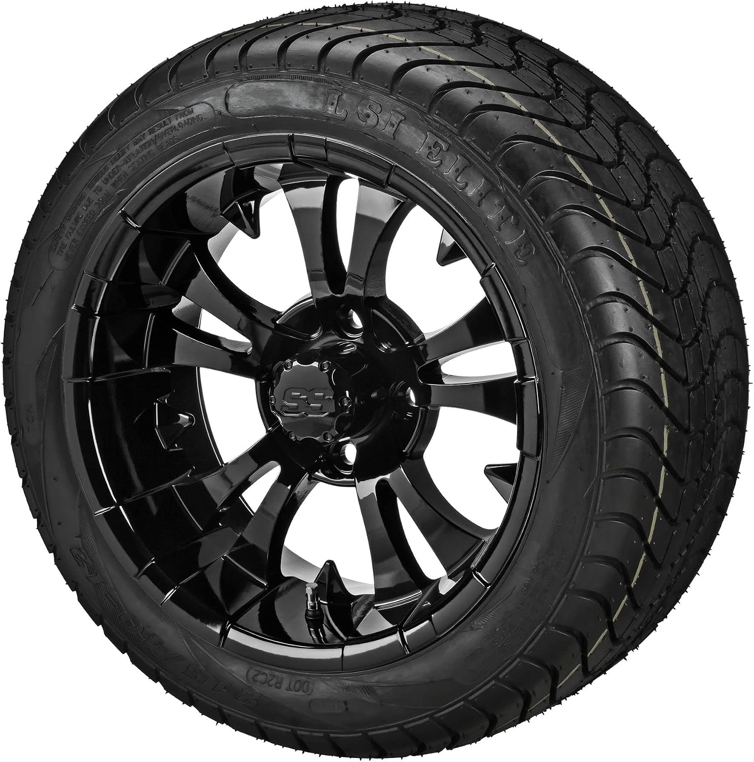 RM Cart 12" Warlock Gloss Black on 215/40-12 LSI Elite Tires (Set of 4) | Golf Cart Tires and Wheels Combo with Standard Lug Nuts