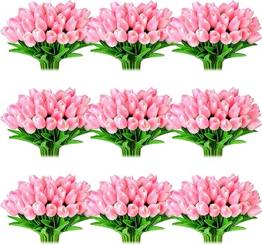 Jexine 100 Pcs Artificial Real Tulips Fake Artificial Tulip Flower Bulk Bouquet with Stem for Table Centerpieces Wedding Bridal Easter Mothers Day Garden Home Decor, 13.4Pink