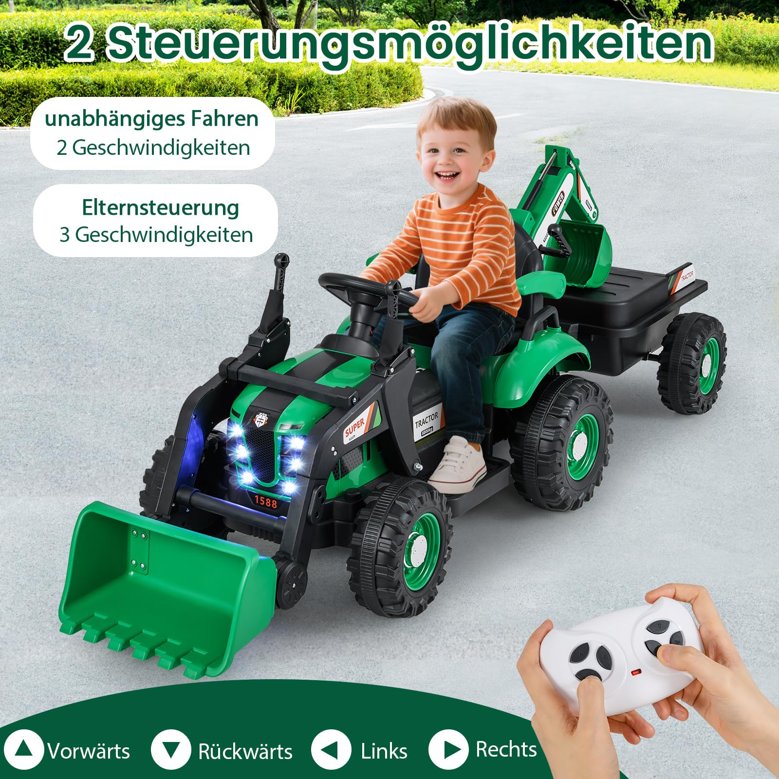 COSTWAY Elektro Traktor mit Anhänger & Schaufel, 12V Aufsitztraktor mit Fernbedienung, Sitzbagger mit LED Lichtern & Musik, Kinderbagger Elektrisch, Elektrotraktor für Kinder ab 3 Jahren (Grün)