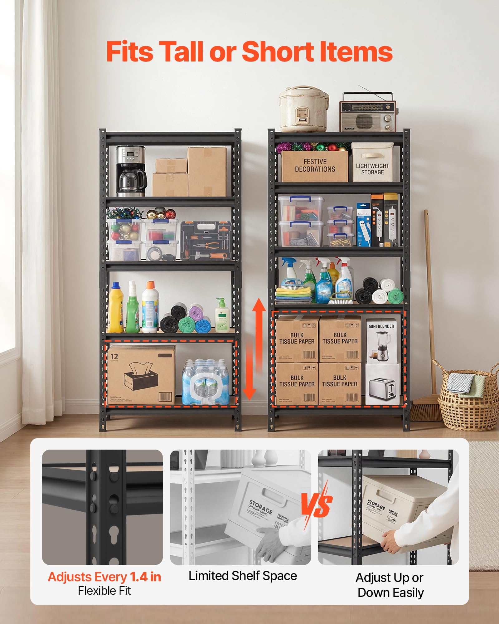 VEVOR Estantería Almacenaje Metálica de 5 Niveles 72 x 31 x 152 cm, Estantería Multiusos Altura Ajustable Capacidad 907 kg en Total con Estructura de Acero para Garaje Trastero Dormitorio Hogar Sótano