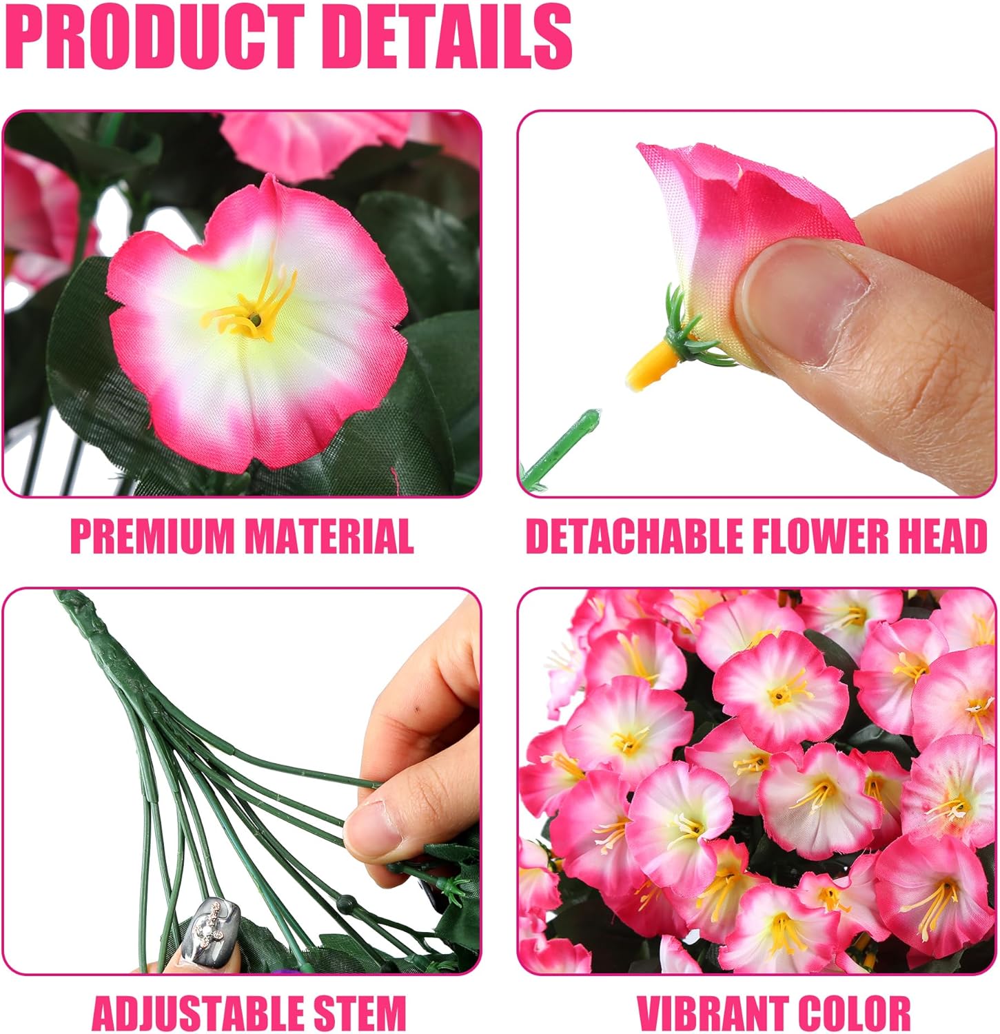 Sggvecsy Artificial Fake Hanging Flowers Plants for Outdoor Outside Spring Summer Decoration 2PCS Faux Silk UV Resistant Realistic Morning Glory Trailing Vines for Home Porch Patio Balcony(Pink) - Image 7