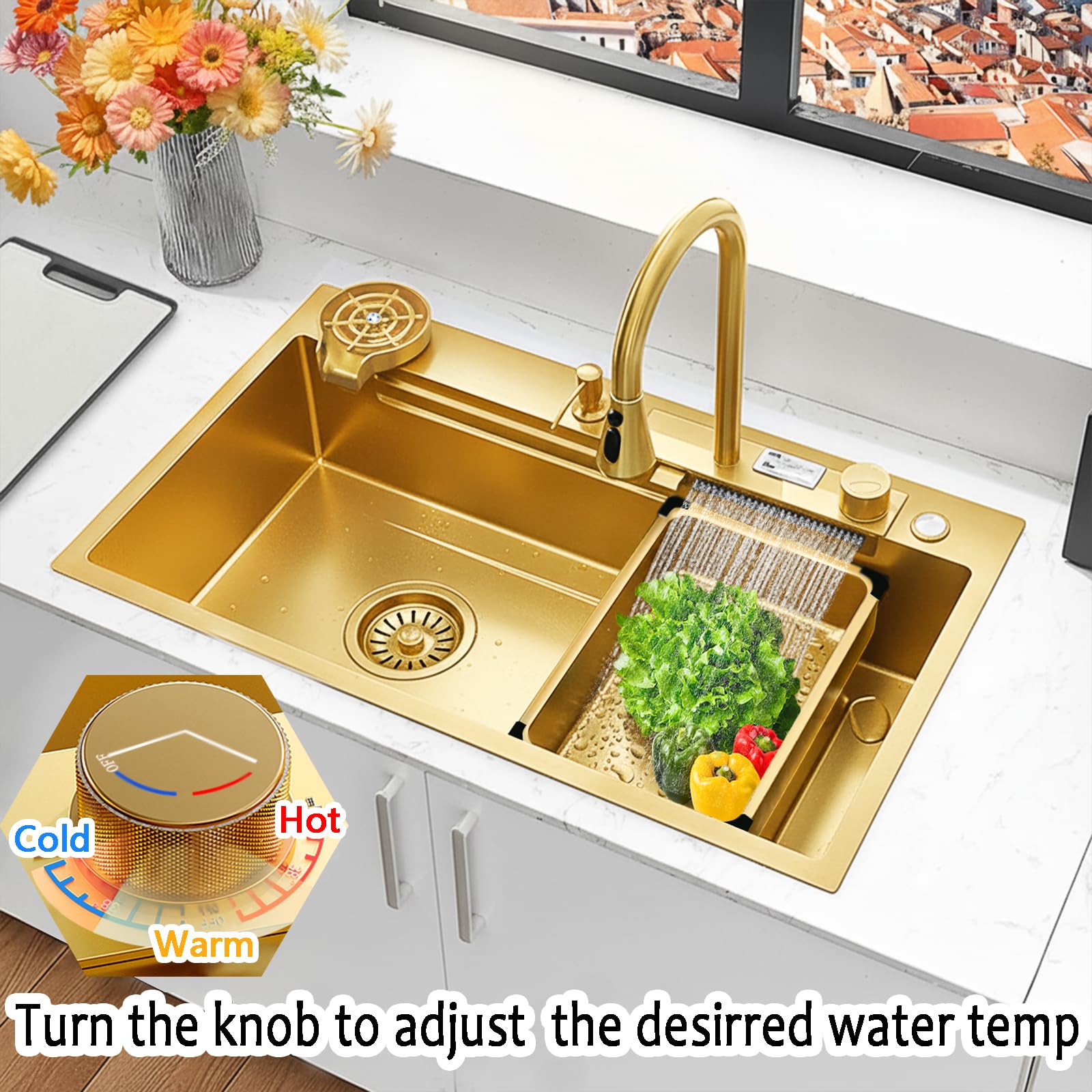 Fregadero de Cocina Sobre encimera y grifo extraíble, fregadero multifunción de acero inoxidable fregadero1 seno, diseño cascada ORO 34IN | 86CM