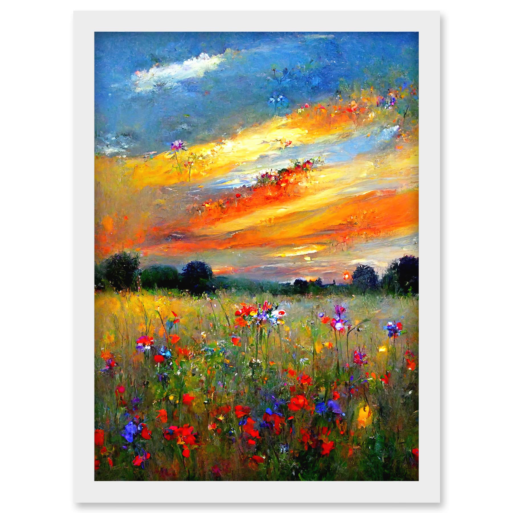 Doppelganger33 LTD Sunset Wildflower Peaceful Summer Meadow Oil Painting Artwork Framed A3 Wall Art Print