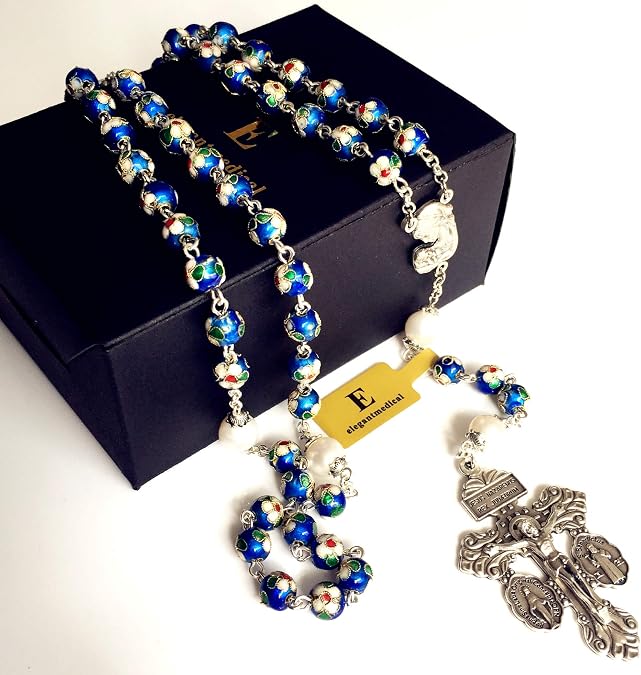 elegantmedical Handmade NICE Blue CLOISONNE & 10mm Pearl BEADS ROSARY NECKLACE Italy Parden cross Crucifix Catholic gift