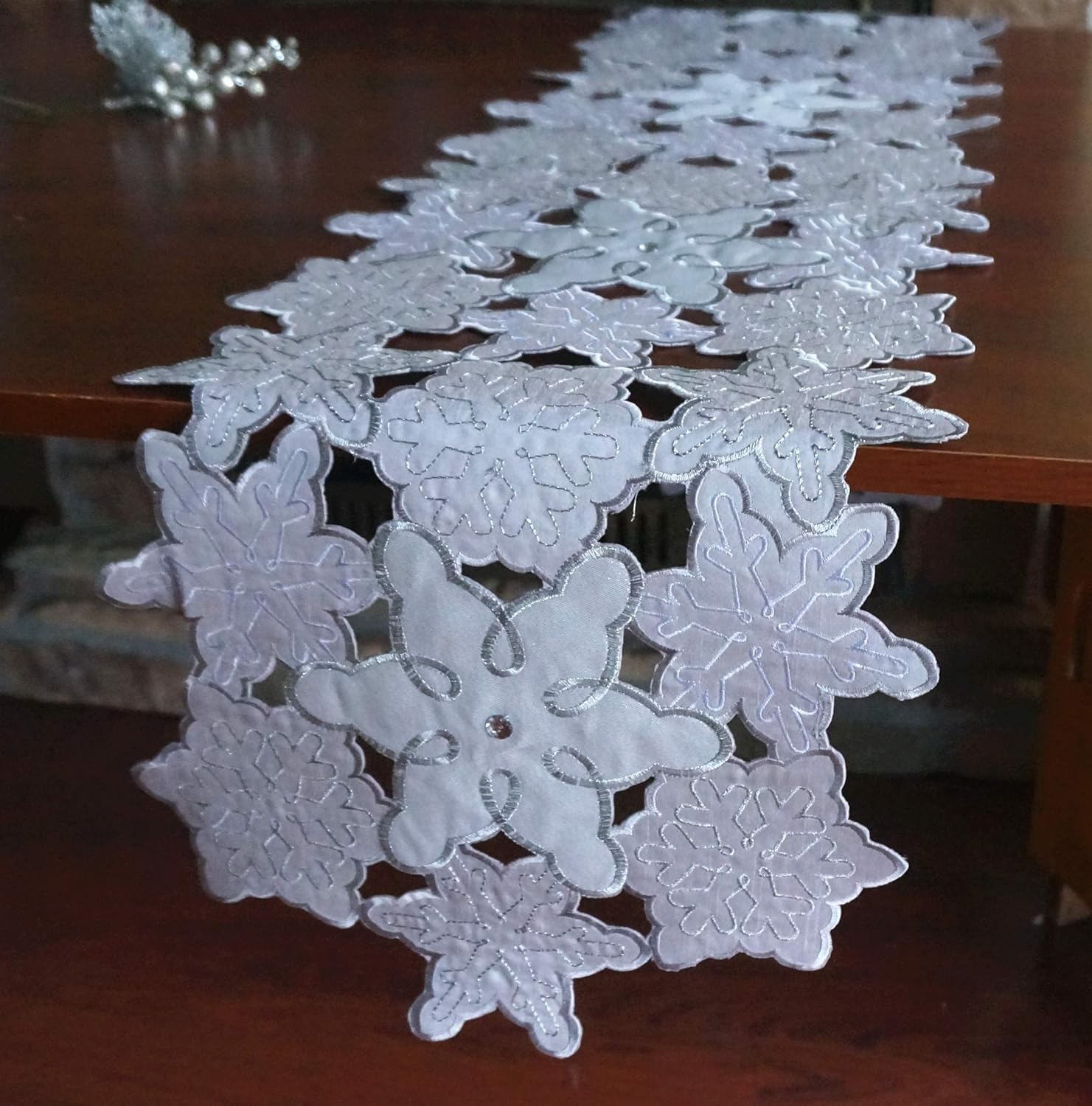 Limited Stock Holiday Embroidered Christmas Silver Snowflakes with Diamond Table Runner for Home Christmas Festival Decorations (1, Round 13×68inch(33×173cm)) Top Rated Holiday Embroidered Christmas Silver Snowflakes with Diamond Table Runner for Home Christmas Festival Decorations (1, Round 13×68inch(33×173cm))