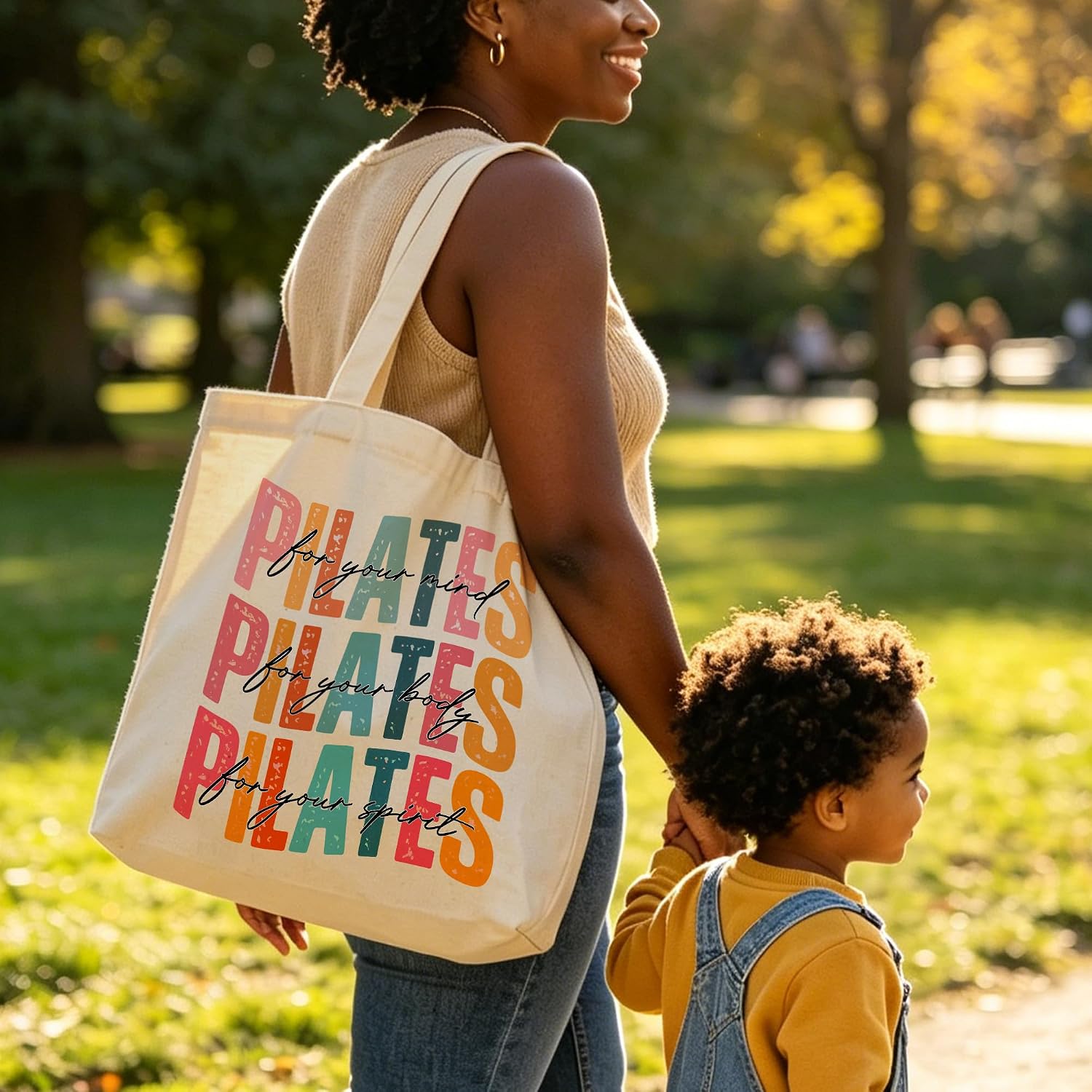 Pilates Canvas Tote Bag for Women Shopping Work Travel with Inner Pocket