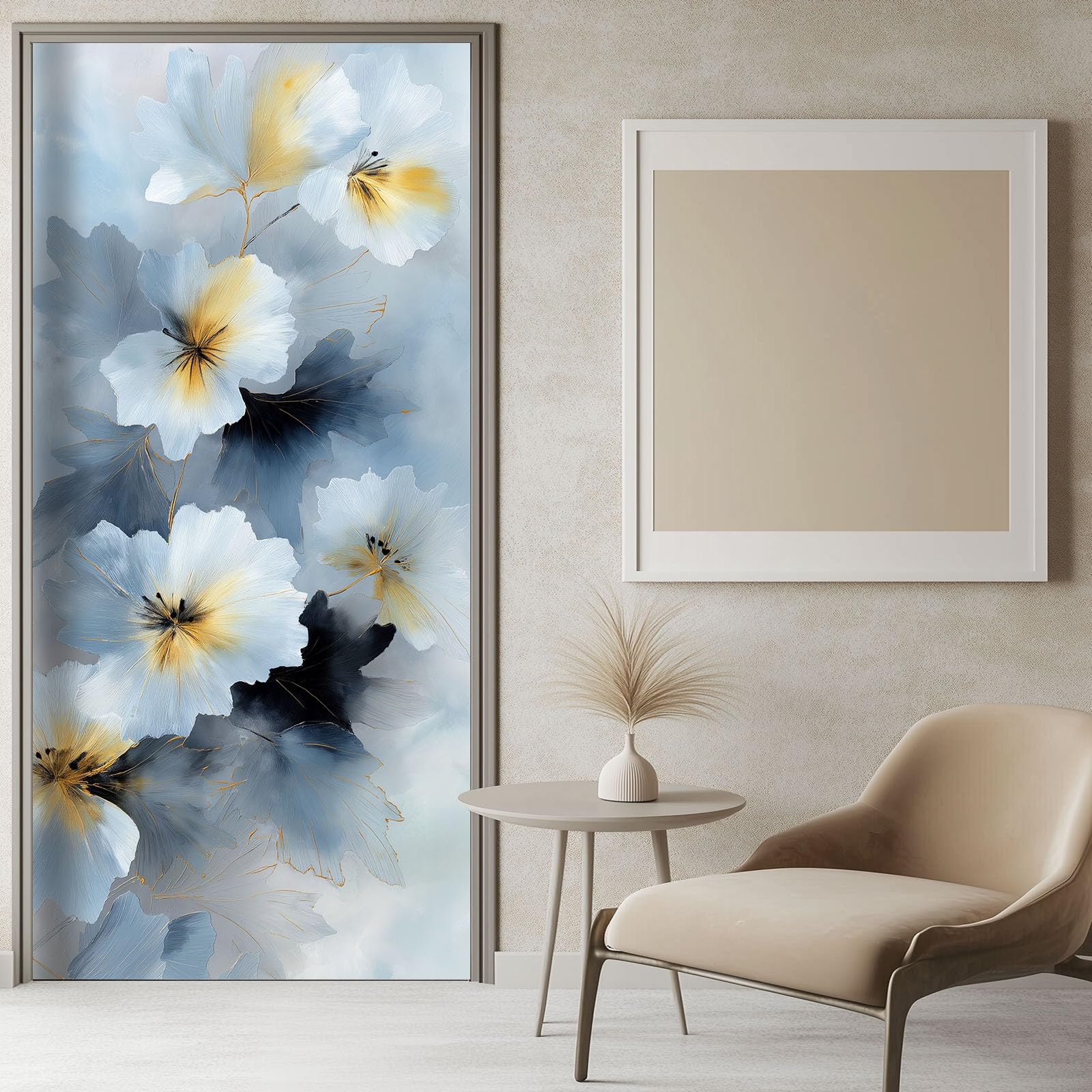 Poster adhésif porte mural fleurs gris 80x200 chambre moderne