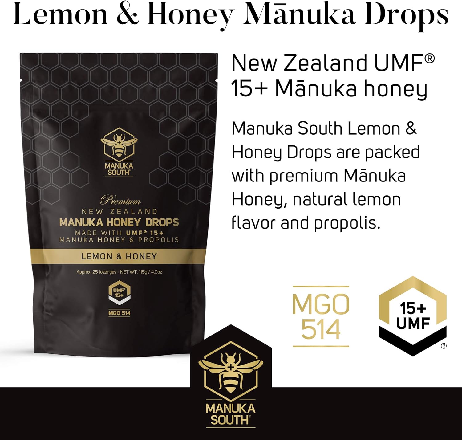 Mānuka Honey Drops UMF 15+ / MGO 514+ & Propolis Drops Made in New Zealand – Natural Ingredients – Soothing Drops – Lemon & Honey Flavor - 25 Drops : Health & Household