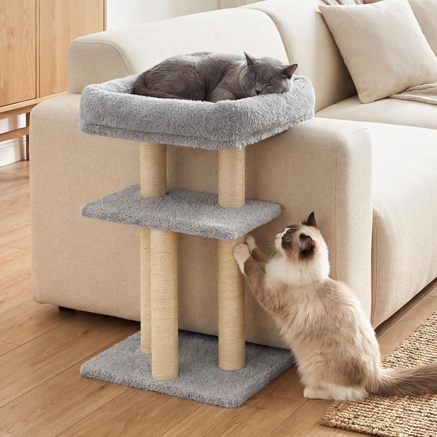 Veehoo Couch Corner Protector for Cats, Couch Corner Cat Scratcher with Tall Cats Bed, Cat Window Perch with Climbing Posts, Size S Fits 23"–24" High Sofa Armrest