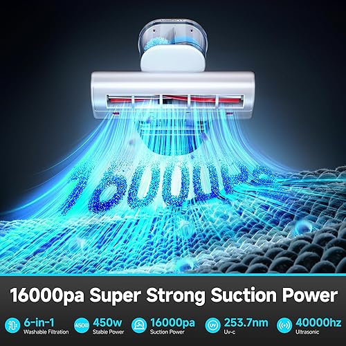 Miniatura 2 de uwant Aspiradora de colchón de 450 W, 16 Kpa, 36000 RPMMIN con calefacción de 149  y ultrasónica, doble taza de polvo, aspiradoras de colchón con