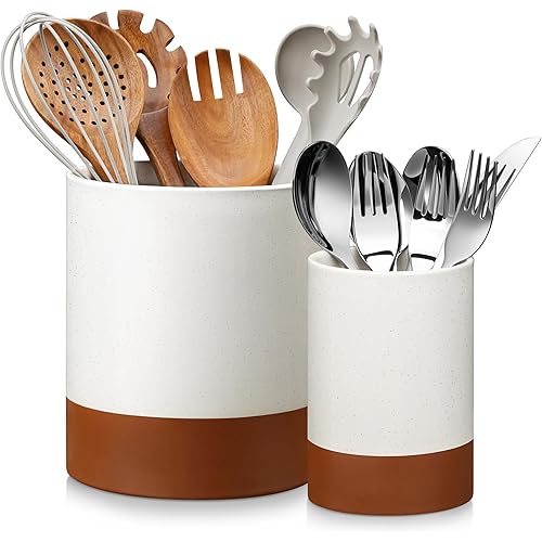 MALACASA Utensil Holder, 7.3"+5.5" Ceramic Kitchen Utensil Holder for Countertop, Large Cooking Utensil Crocks for Kitchen Counter, Farmhouse Utensils Organizer, Set of 2, Khaki White, Series TARA