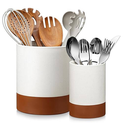 MALACASA Utensil Holder, 7.3"+5.5" Ceramic Kitchen Utensil Holder for Countertop, Large Cooking Utensil Crocks for Kitchen Counter, Farmhouse Utensils Organizer, Set of 2, Khaki White, Series TARA - Khaki White - 7.3"+5.5" (Set of 2)