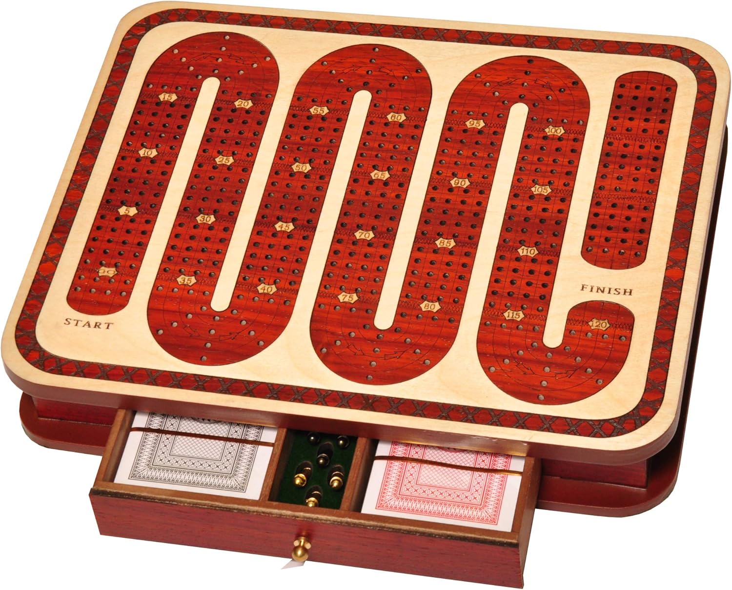 PALM ROYAL HANDICRAFTS Zig Zag Track - 4 Track Continuous Wooden Cribbage Board Game Set Made of Bloodwood and Maplewood with Pegs and 2 Cards (10 inches)