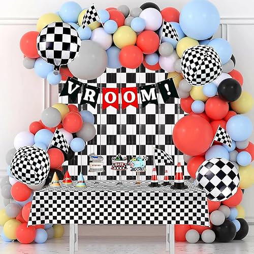 Miniatura 6 de Paquete de 3 telón de fondo a cuadros blanco y negro, decoración de fiesta de cumpleaños con flecos metálicos, cabina de fotos de pista de carreras
