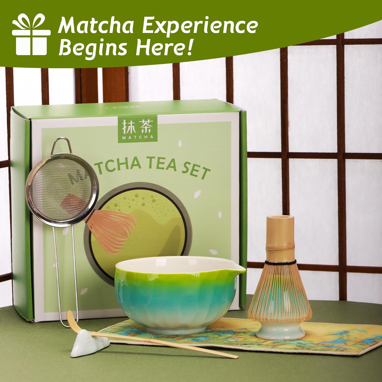 Matcha Tea Set 7 Pcs,Japanese Ceramic Bowl,Bamboo Matcha Whisk (Chasen), Scoop (Chashaku),Stainless Steel Sifter,Whisk Holder (yellow blue),Tea Towel