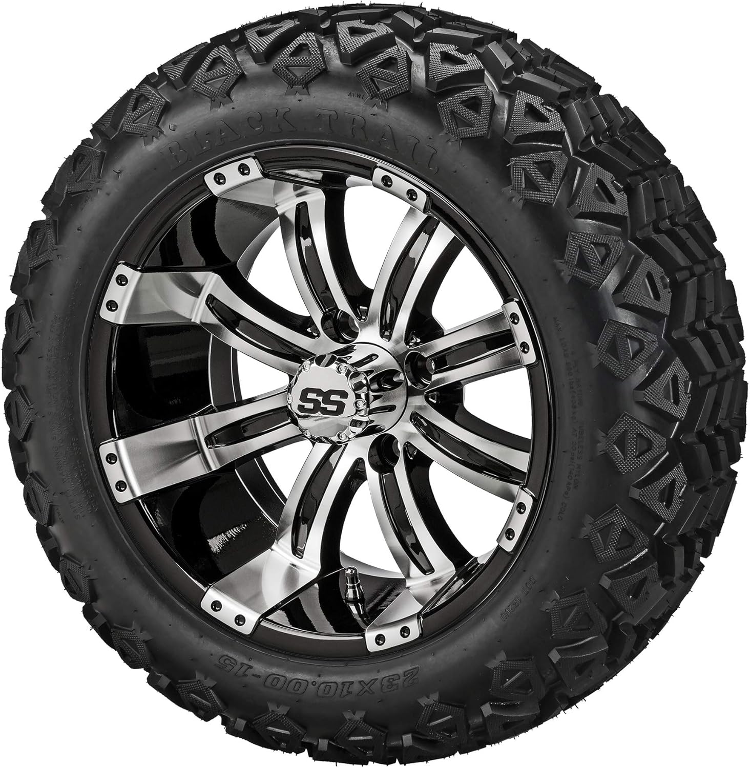 RM Cart 15" Casino Black/Machined on 23x10-15 Black Trail Tires (Set of 4) | Golf Cart Tires and Wheels Combo with Standard Lug Nuts