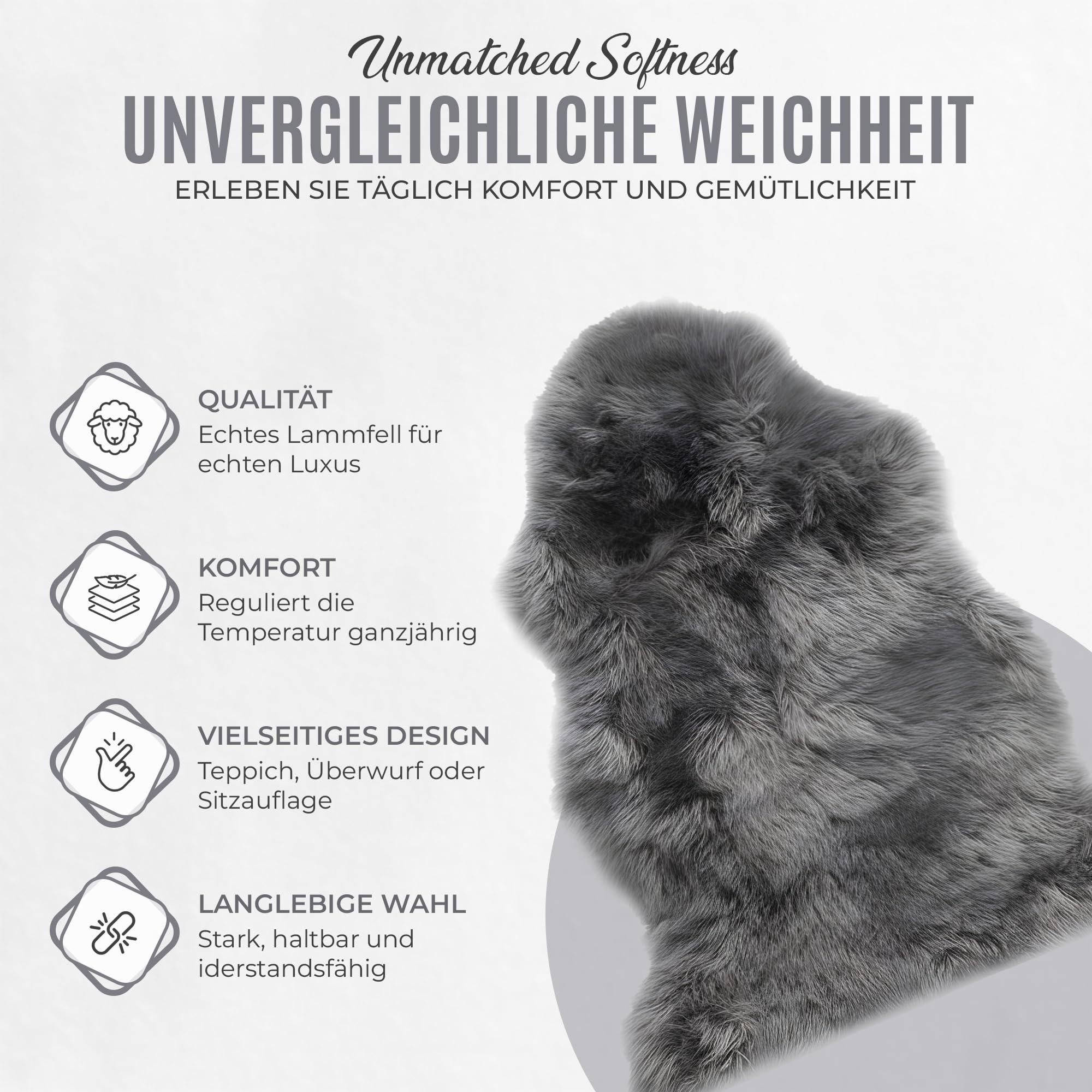 Echtes Schaffell Grau Natur – Premium Lammfell Teppich, Kuschelig Weiches Fell, Wärmeisolierend & Atmungsaktiv – Deko, Sitzauflage für Sofa, Bett & Stuhl (L:100-110cm)