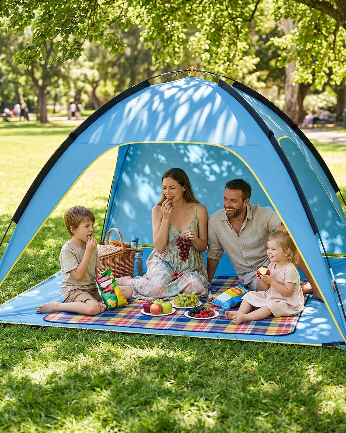 MYMULIKE UV50+ namiot plażowy, ochrona przed słońcem, 210 x 210 x 130 cm, dla 4-6 osób, poliester 190T, z drążkami z włókna szklanego 8 mm, przenośny, z workami z piaskiem / śledziami plażowymi