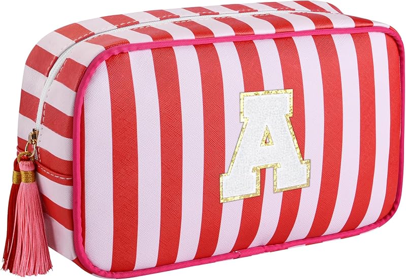 Necessaire de maquiagem listrada ISPbag com inicial personalizada, vermelho, MA-6003