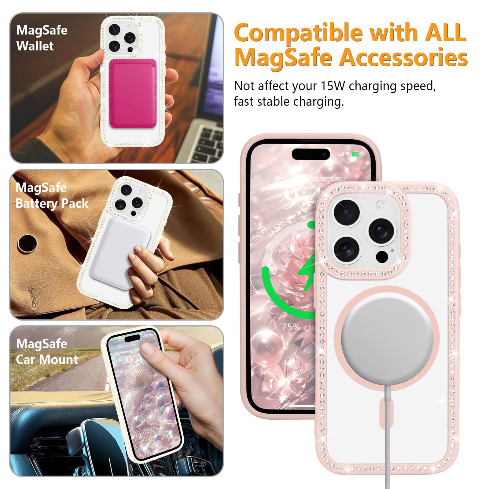 Cover iPhone 15 Plus Rosa Glitter | Custodia Borsa TPU Antiurto Bling Cover iPhone 15 Plus Rosa Glitter | Custodia Borsa TPU Antiurto Bling