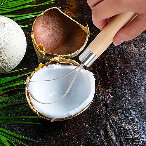 Miniatura 7 de Cabilock Recogedor de carne de coco raspador de acero inoxidable con mango de madera, herramienta de cocina para fácil eliminación de carne de coco