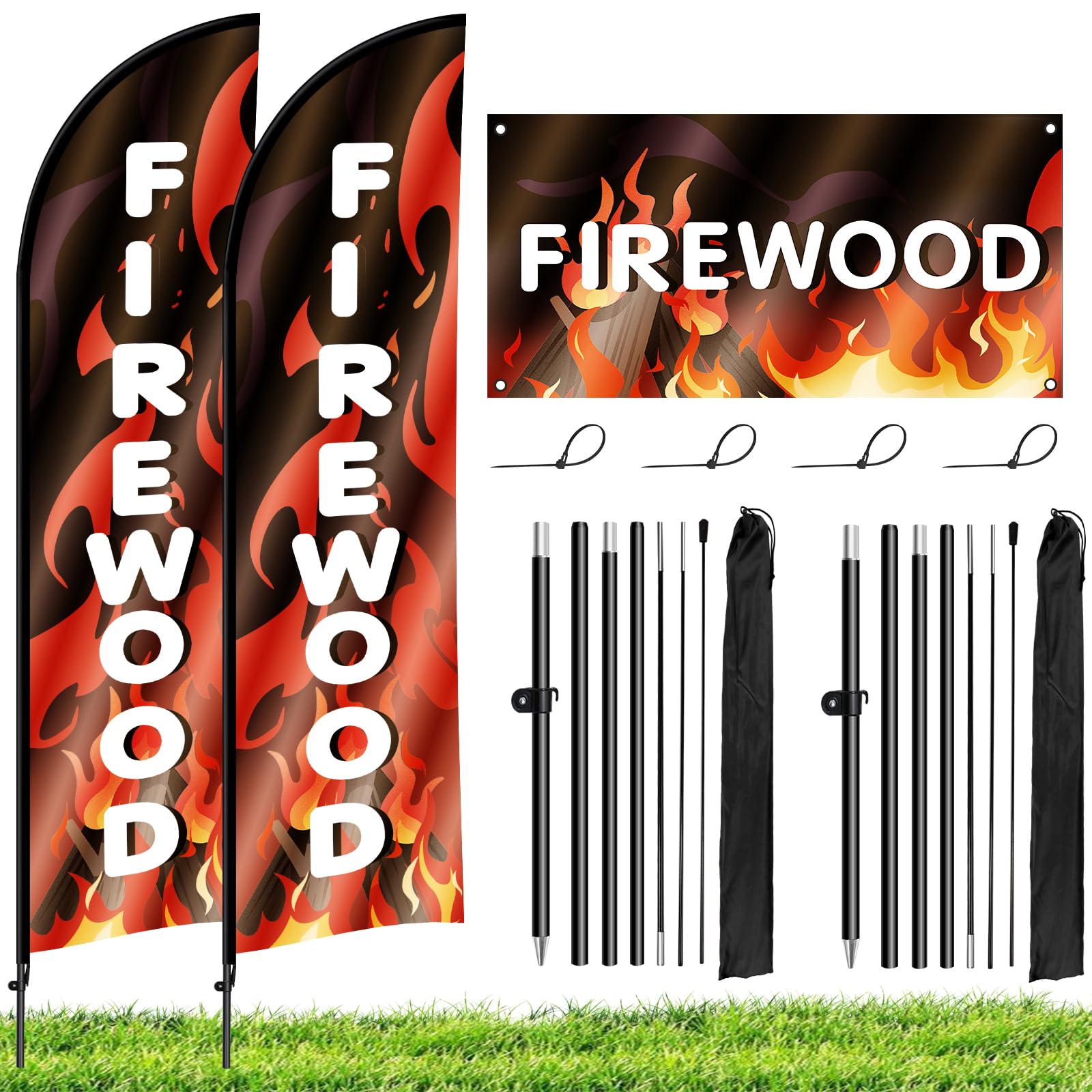 Kerty 2 Sets Firewood Feather Flag with Pole Kit, 8.2FT Firewood Sale Feather Banner for Outdoor Advertising Banner for Business