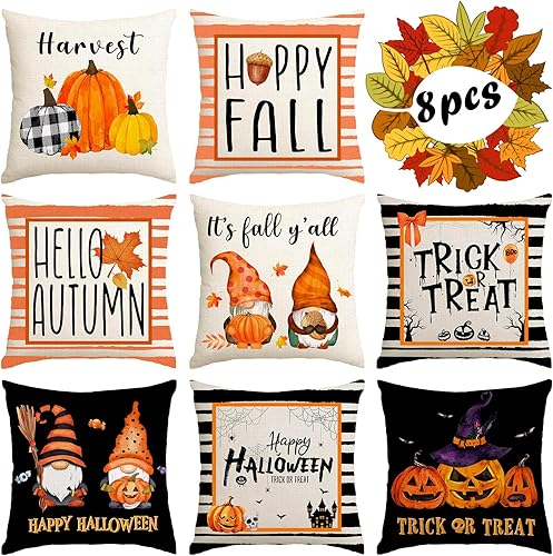 RGQSUN Juego de 8 fundas de almohada de arpillera de otoño de 18 x 18 pulgadas, fundas de almohada decorativas de Halloween, funda de almohada de