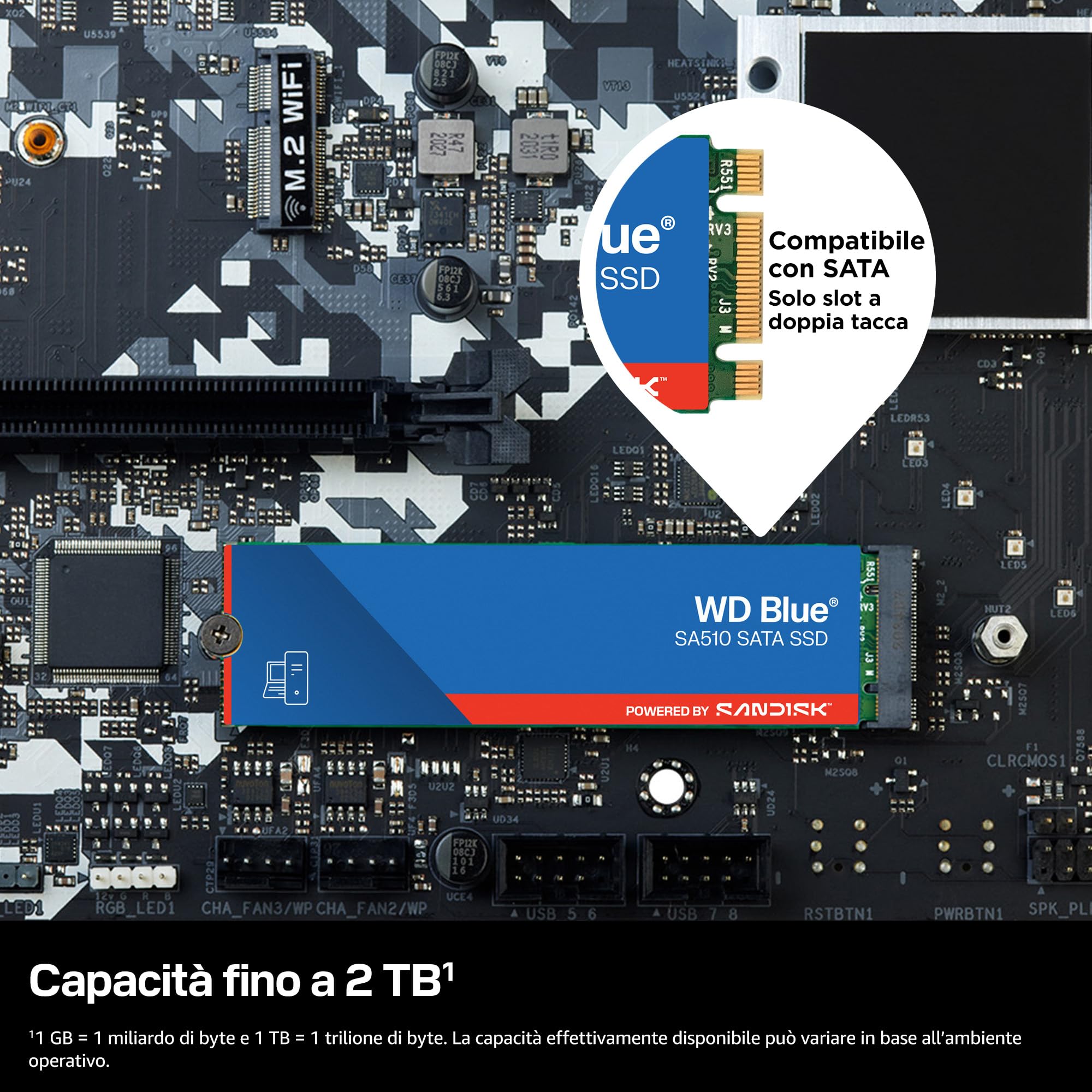 WD Blue SA510, 250 GB, M.2 SATA SSD, fino a 555 MB/s, Include Acronis True Image per Western Digital, clonazione e migrazione del disco, backup completo e ripristino rapido, protezione da ransomware