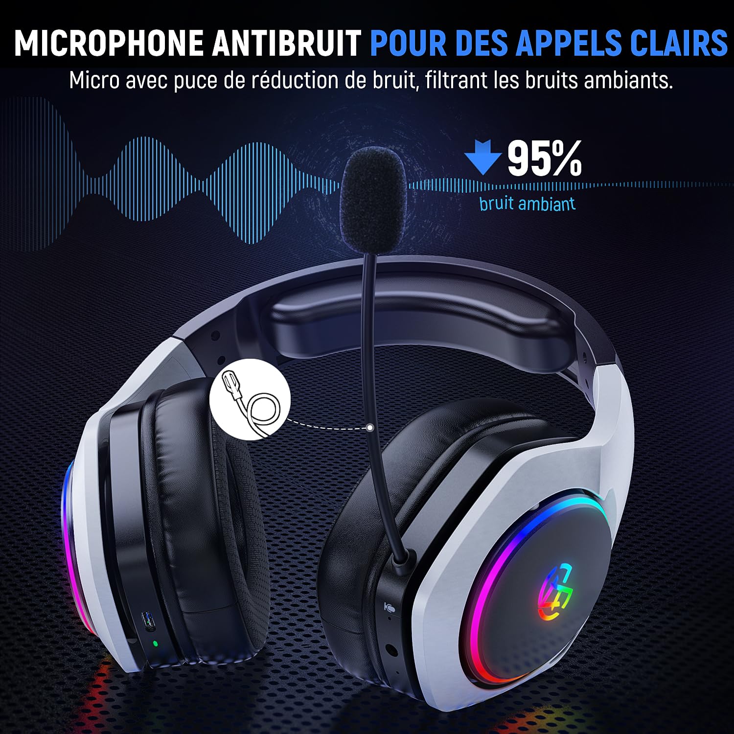 Tatybo Wireless Gaming Headset for PlayStation 5 PC PS4, Headset with Mic Environmental Noise, 7.1 Surround Sound, 35H Batter - 4